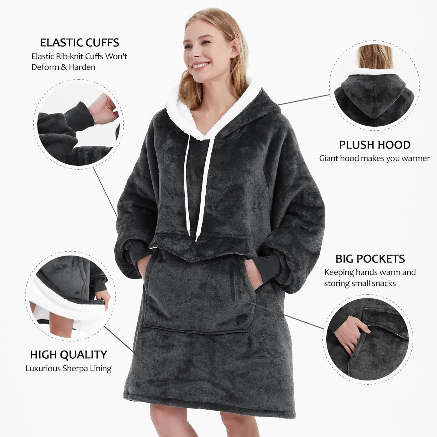 Wearable Blanket Hoodie, Oversized Sherpa Fleece Sweatshirt with Giant Pocket, Birthday Gifts for Women, Warm Christmas Gift for Mom, Sister