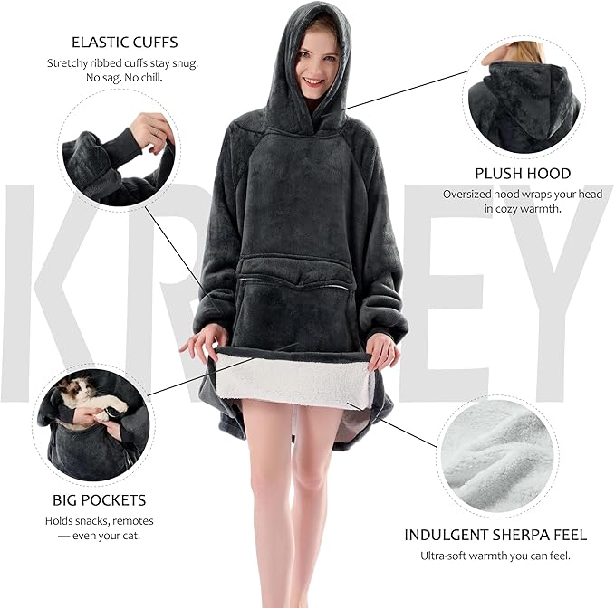 Wearable Blanket Hoodie, Oversized Sherpa Fleece Sweatshirt with Giant Pocket, Birthday Gifts for Women, Warm Christmas Gift for Mom, Sister