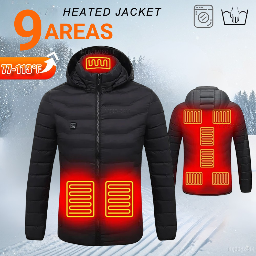 Unisex 9-Zone USB Heated Jacket – Winter Outdoor Thermal Coat with Detachable Hood