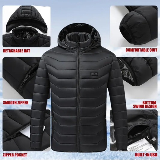 Unisex 9-Zone USB Heated Jacket – Winter Outdoor Thermal Coat with Detachable Hood